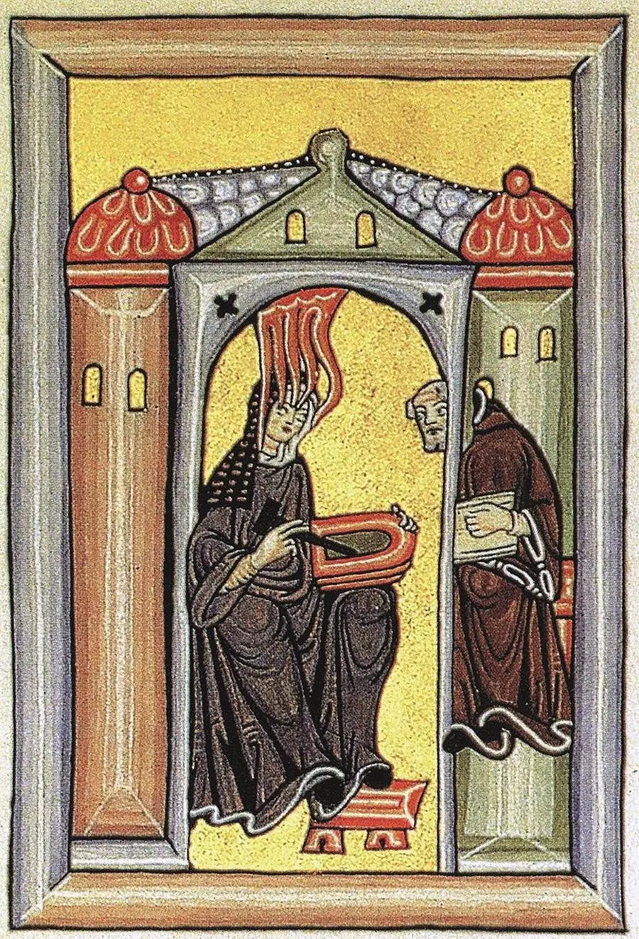 Una miniatura raffigurante Ildegarda di Bingen, monaca benedettina vissuta tra il1098 e il 1179