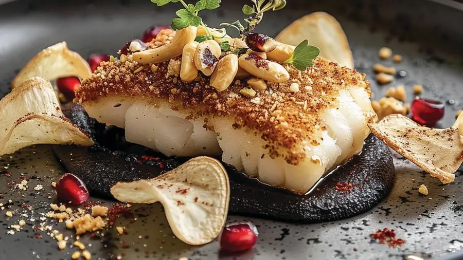 Cuori di merluzzo con crosta e salsa di lenticchie nere