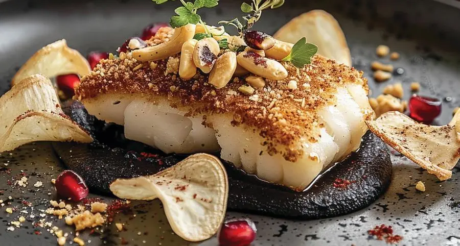 Cuori di merluzzo con crosta e salsa di lenticchie nere