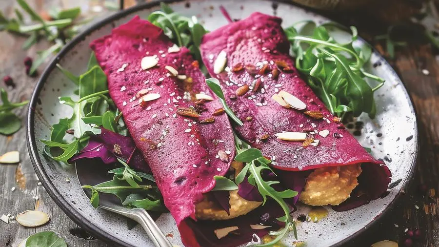 Crêpes rosa con hummus di ceci e mandorle